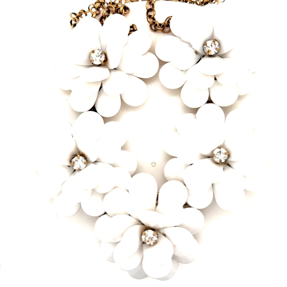J.Crew‎ White Floral Statement Necklace Crystal Bib Chunky Flower 20.5"